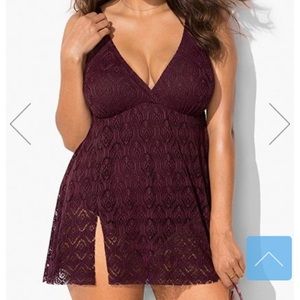 Wine crochet slid slit vneck swim dress